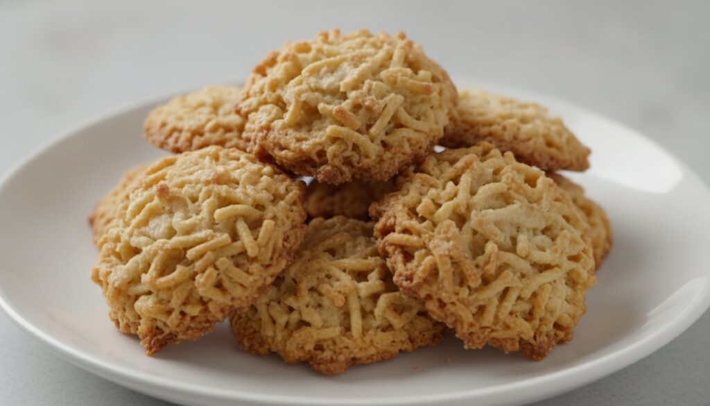 A pile of no-bake haystack cookies showing their shredded coconut and butterscotch texture on a simple white plate
