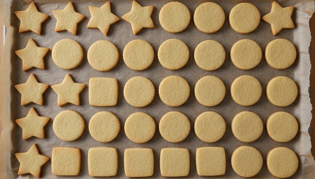 Plain un-iced cut-out sugar cookies in various festive shapes on a baking sheet ready for decoration with a light airy f