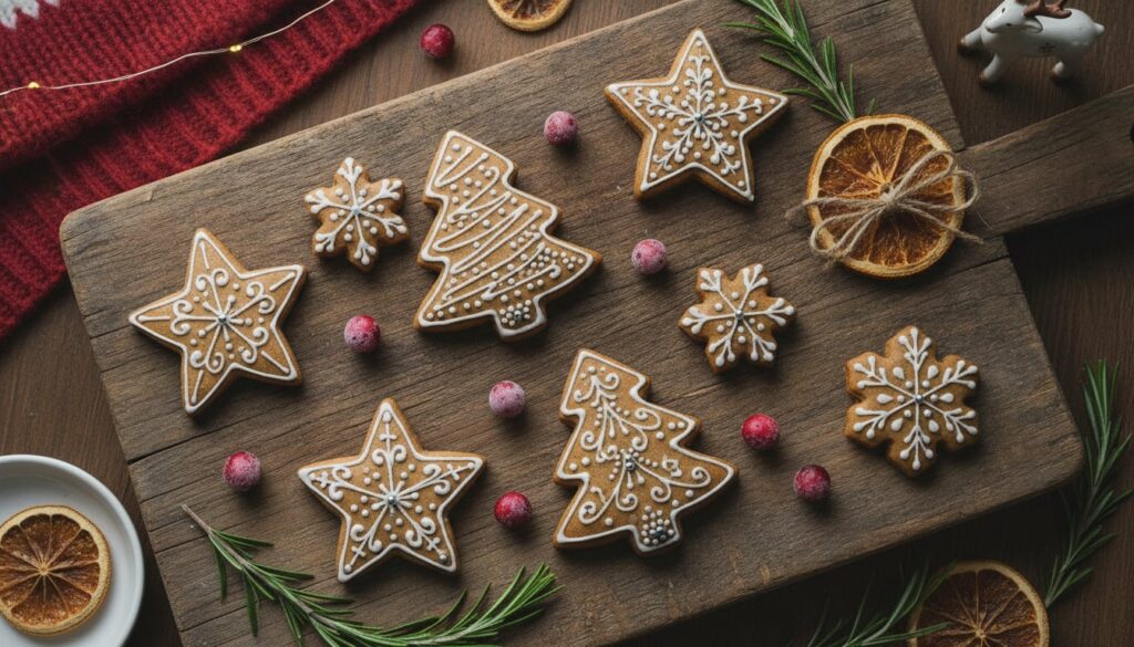 Festive gingerbread cookies in various shapes decorated with white icing on a wooden surface with holiday decorations