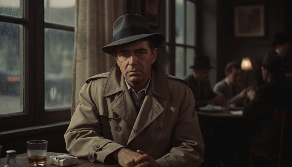 Humphrey Bogart in a scene from Casablanca wearing a trench coat and fedora with a serious expression embodying his clas