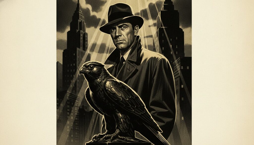 A vintage movie poster for The Maltese Falcon featuring Humphrey Bogart prominently showcasing the classic film noir sty