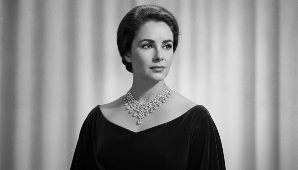 An elegant black and white portrait of Elizabeth Taylor wearing a lavish diamond necklace