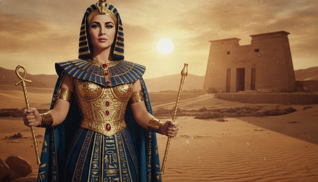 A movie poster for the film Cleopatra featuring Elizabeth Taylor in costume