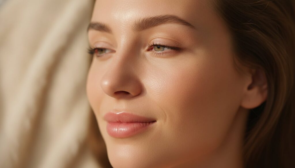 A close-up of a woman s face with noticeably smoother brighter-looking skin after a beauty treatment glowing softly