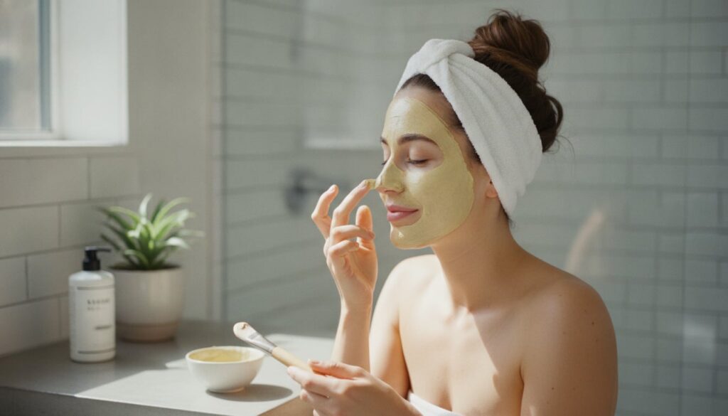 A woman gently applying a yellow-tinted face mask to her clean face in a bathroom setting smiling softly Her hair is pul