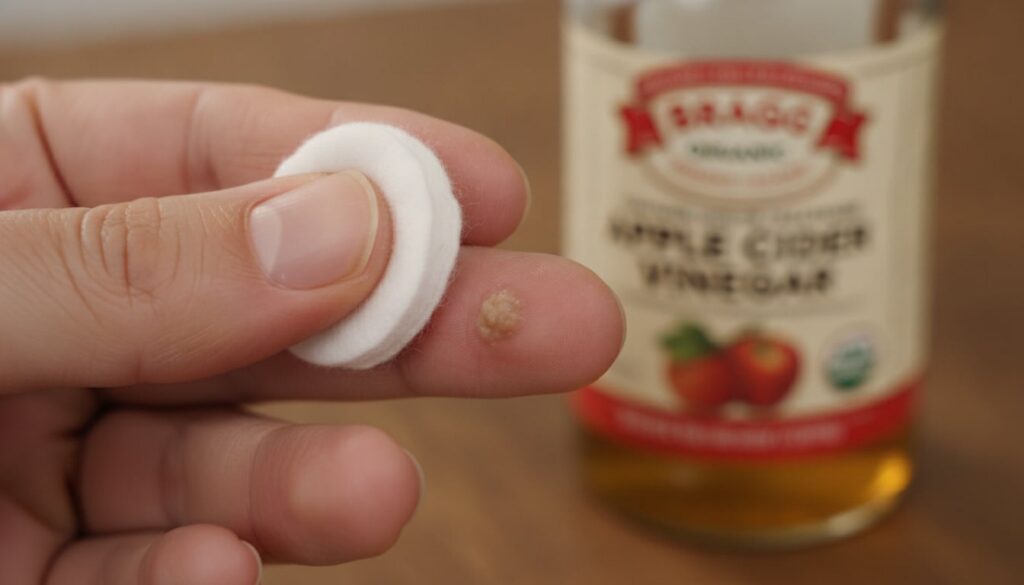 Cotton ball soaked in apple cider vinegar being applied to a wart on a finger with a bottle of ACV in the background