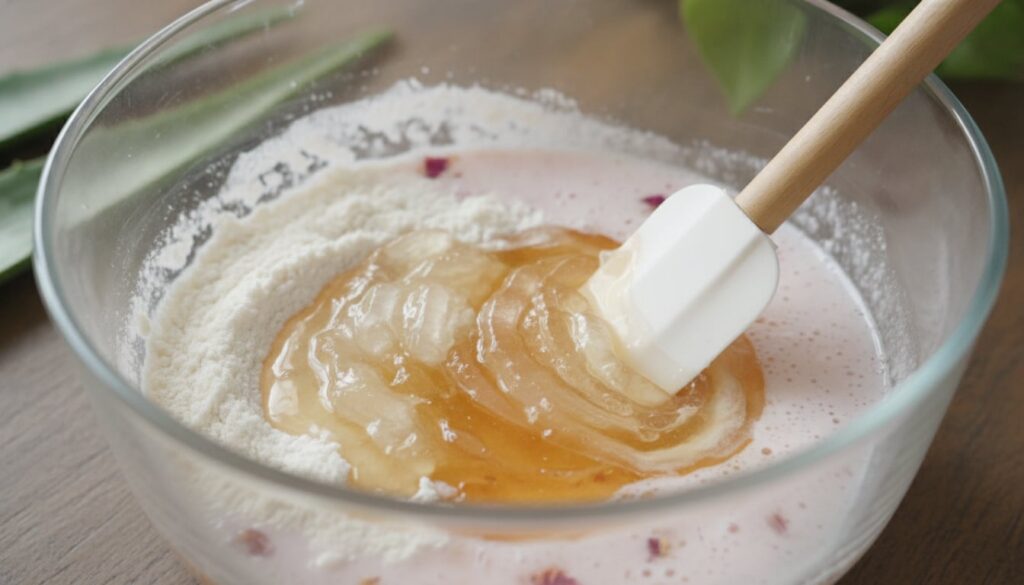 Close-up of a mixing bowl with ingredients for the night gel including rice flour aloe vera gel honey and rosewater bein