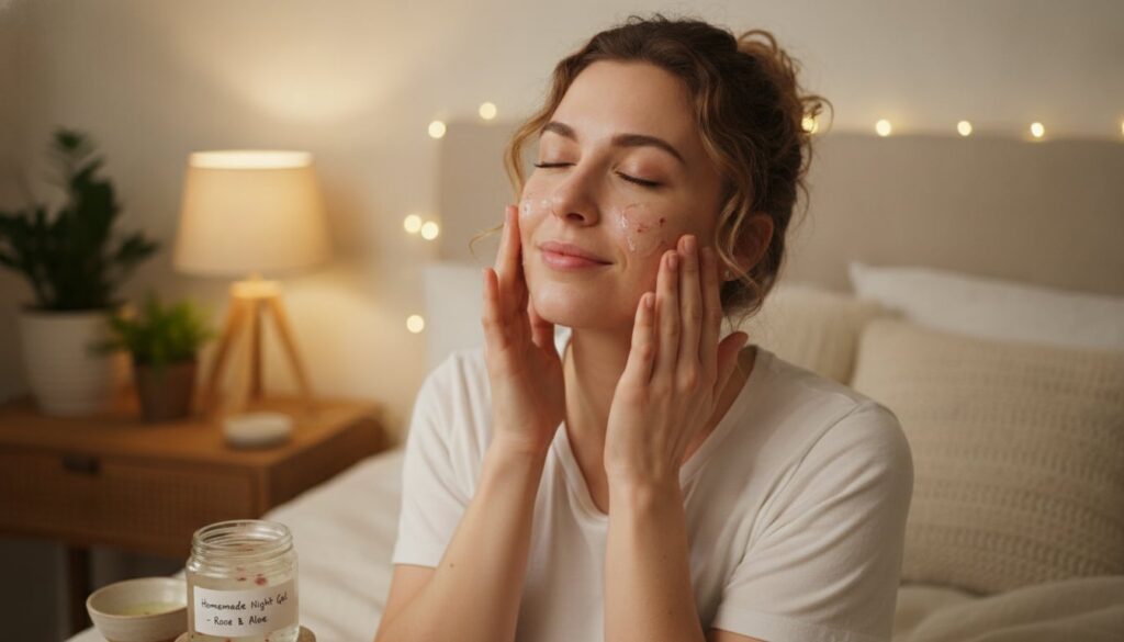 A woman gently applying the homemade night gel to her clean face before bedtime with soft ambient lighting in a bedroom