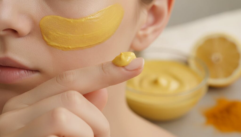 A woman s hand gently applying a thin layer of the yellow Vaseline lemon and turmeric mask to her cheek demonstrating th
