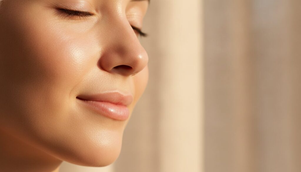A person s face with visibly radiant soft and healthy-looking skin after using a natural beauty remedy The skin has a su