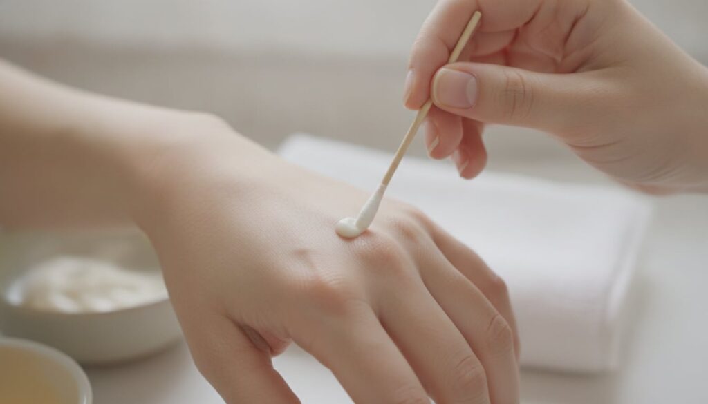 A person applying a small amount of the paste to a specific spot on their hand with a cotton swab