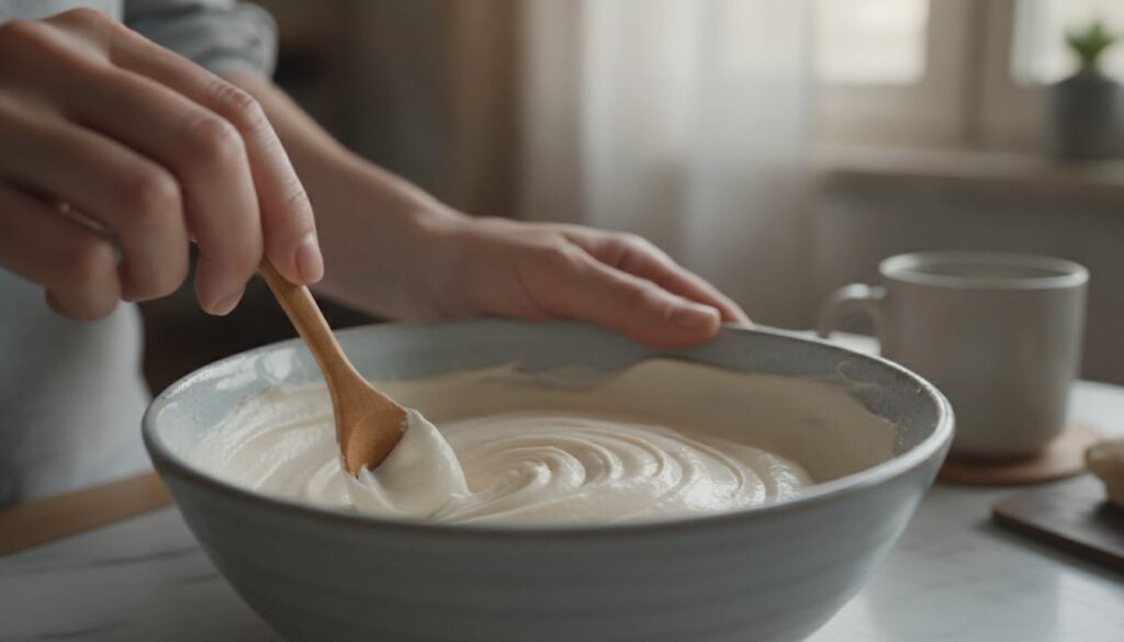Hands mixing the paste in a small bowl with a wooden stick or spoon