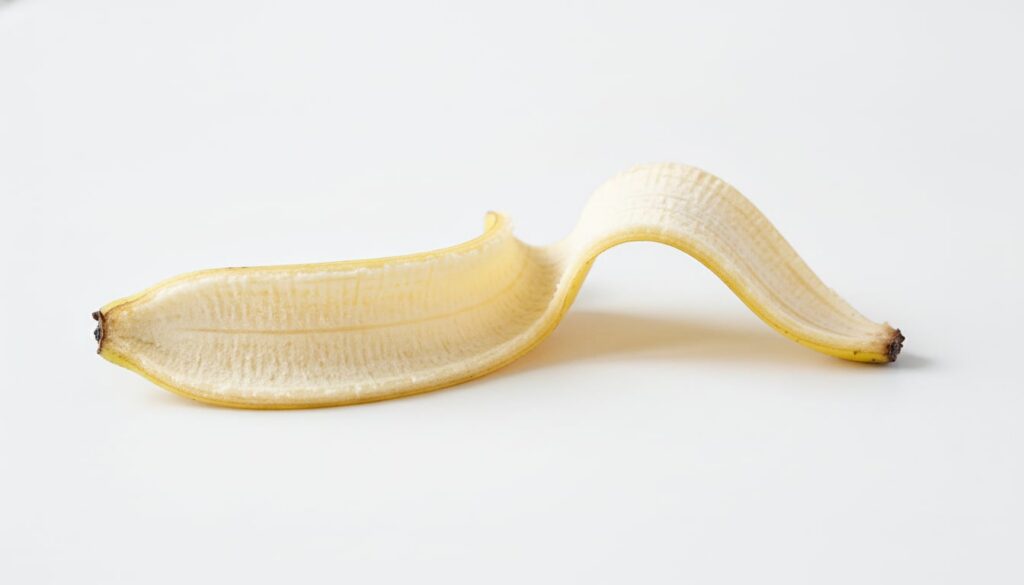 A ripe banana peel with its inside facing up placed on a clean surface ready for use in a beauty routine