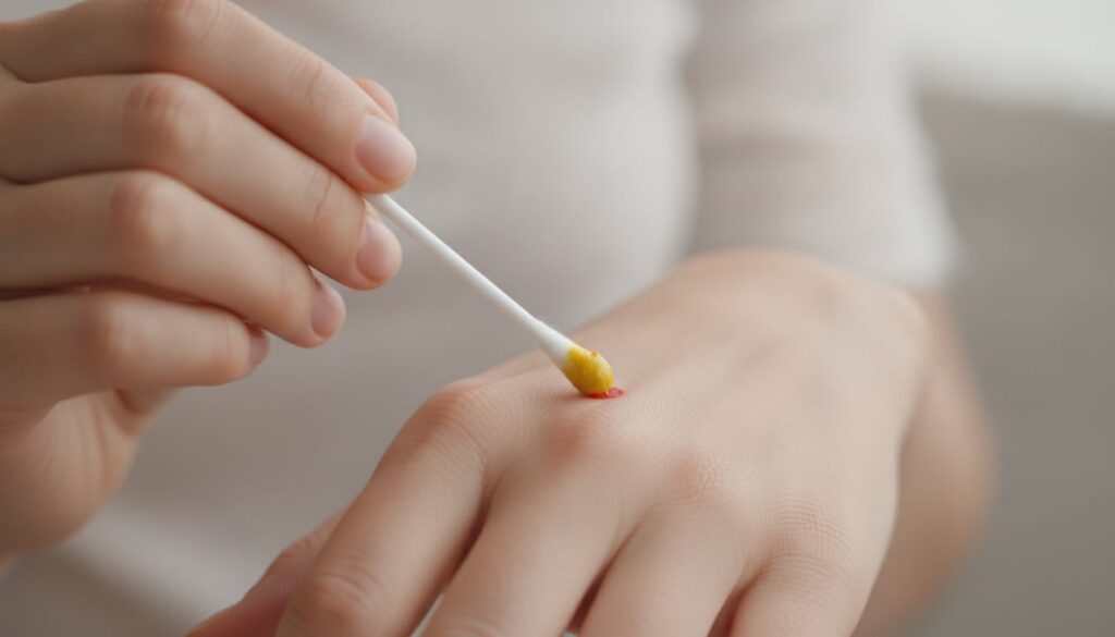 A woman s hand gently applying a small amount of yellow paste to a specific spot on the back of her other hand with a co