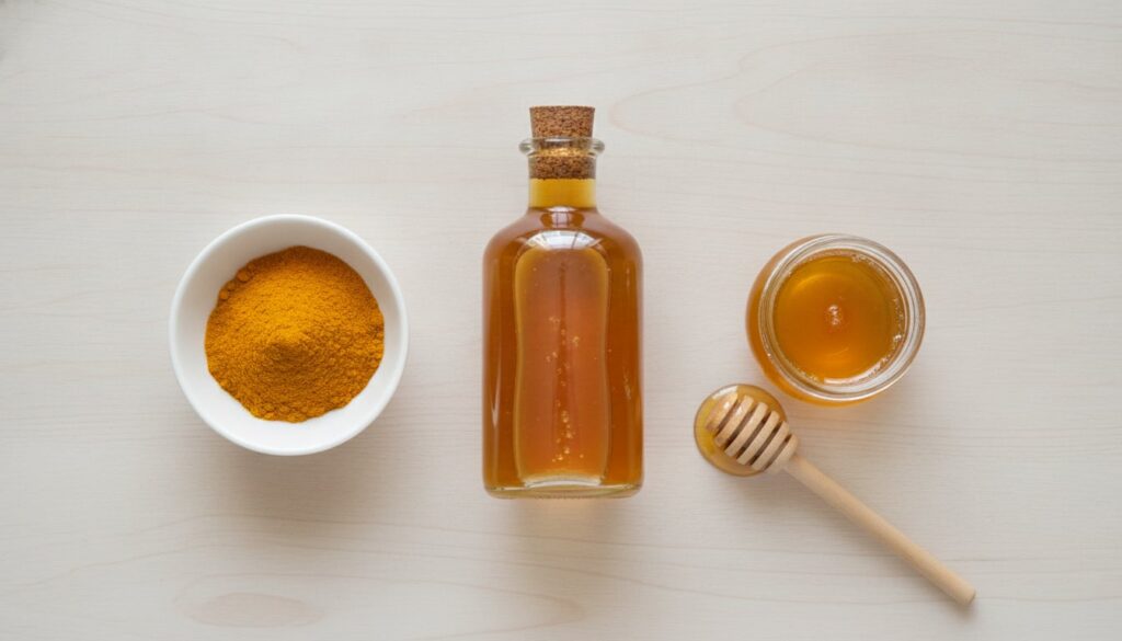 All ingredients laid out on a clean surface a small bowl of turmeric powder a bottle of apple cider vinegar and a small 