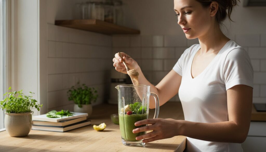 A woman adding a spoonful of the beauty powder to a smoothie in a blender showing a healthy lifestyle