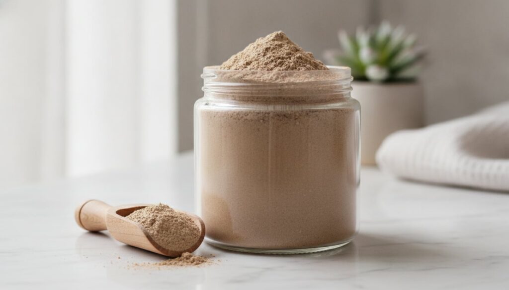 A glass jar filled with the mixed homemade beauty powder with a label and a small wooden scoop next to it