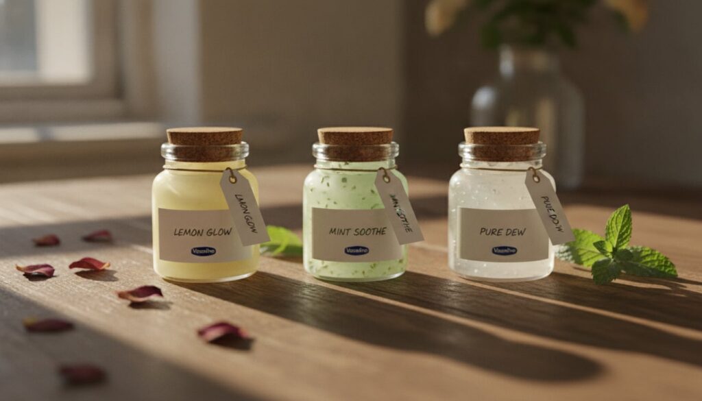 Three small labeled containers of the different Vaseline hacks arranged neatly