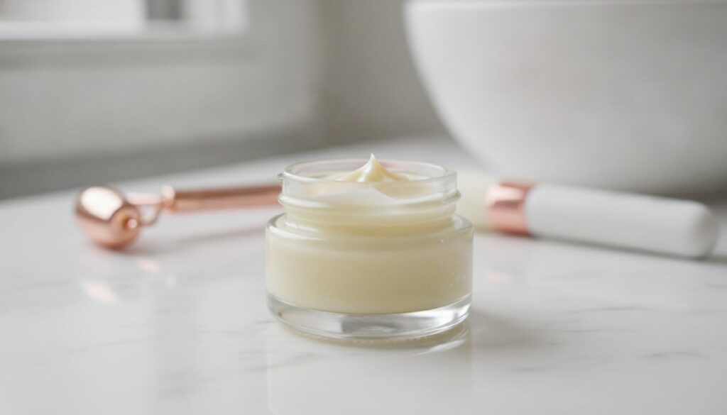 Small jar of the Radiant Glow Hydration Balm with a label on a vanity