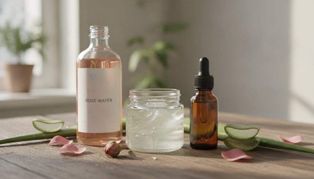 Three simple ingredients for the night gel a jar of aloe vera gel a small bottle of glycerin and a bottle of rose water