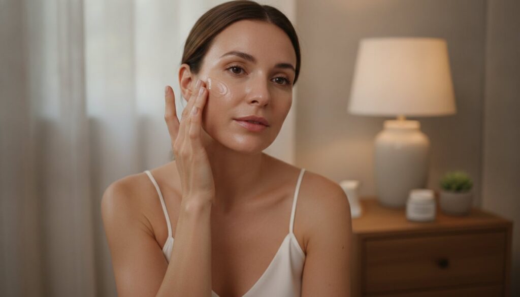 A woman applying the clear night gel to her face at night her skin looks dewy and hydrated soft bedroom lighting