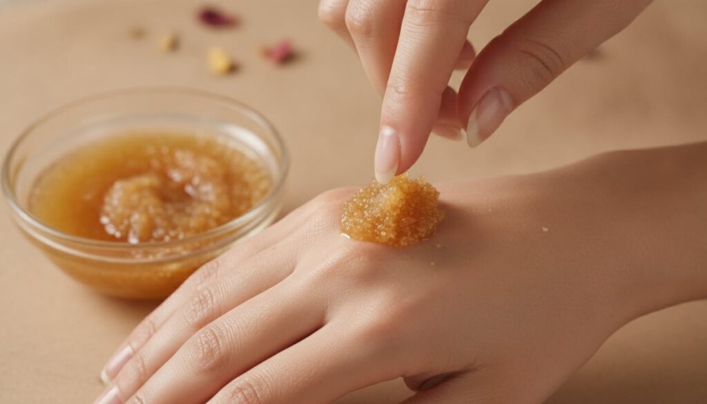 A person s hand gently applying the Vaseline mix to the back of the other hand demonstrating the application process The