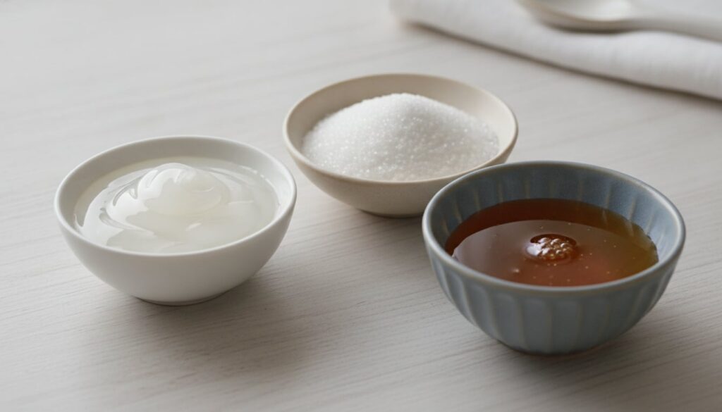 Three small bowls arranged with the ingredients one with Vaseline one with fine granulated sugar and one with honey Focu