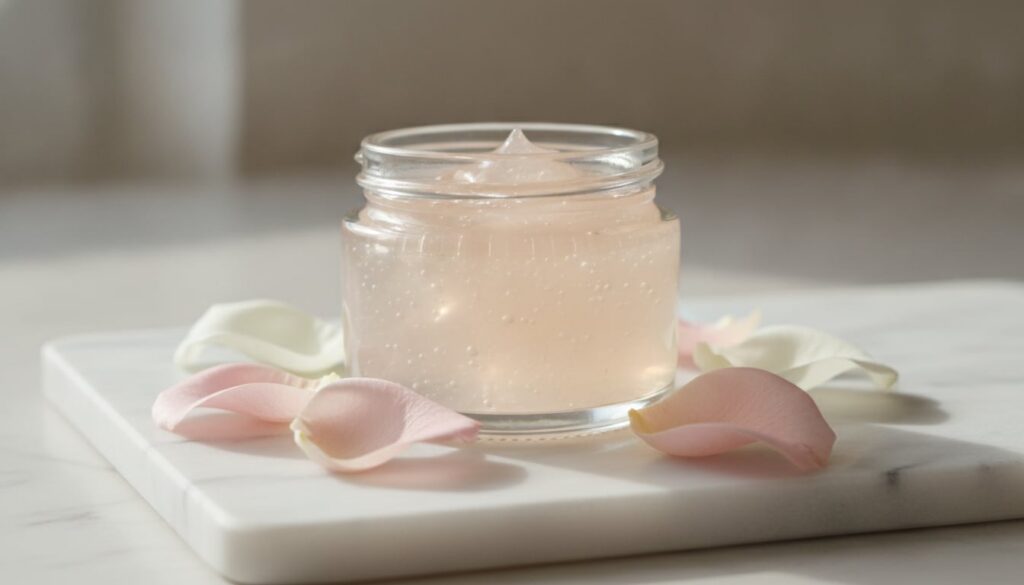 A smooth translucent gel mixture in a small clear glass jar with rose petals scattered around