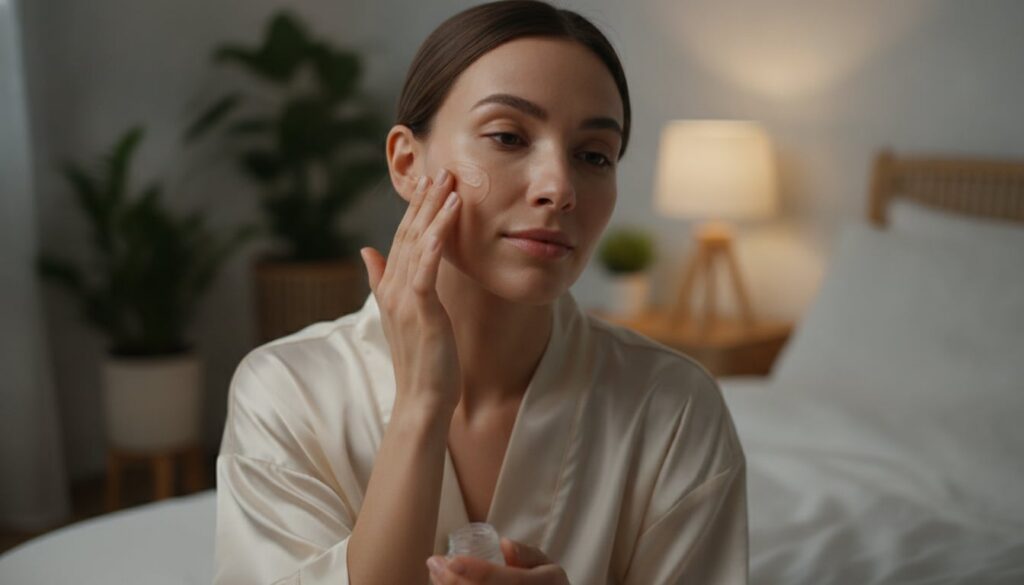 A woman gently applying a clear gel to her face at night with a soft glowing complexion