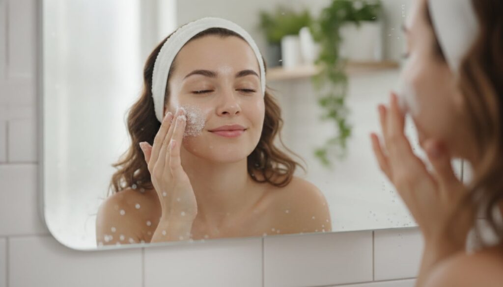 A woman gently applying a homemade scrub to her cheek in a bathroom mirror reflection