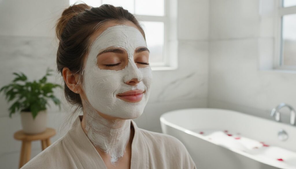 A woman with a white clay-like face mask applied to her face looking relaxed