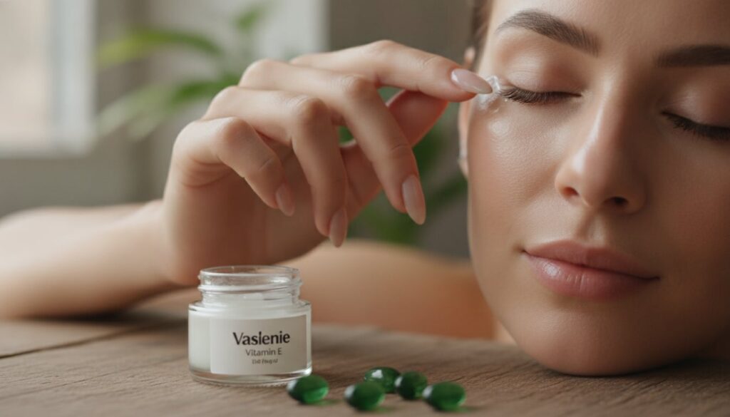 A woman gently dabbing a small amount of the Vaseline and Vitamin E blend onto the corner of her eye with her ring finge