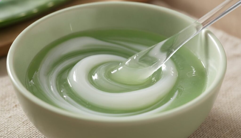 A close-up shot of a small bowl where Vaseline and aloe vera gel are being mixed with a tiny spatula showing a creamy we