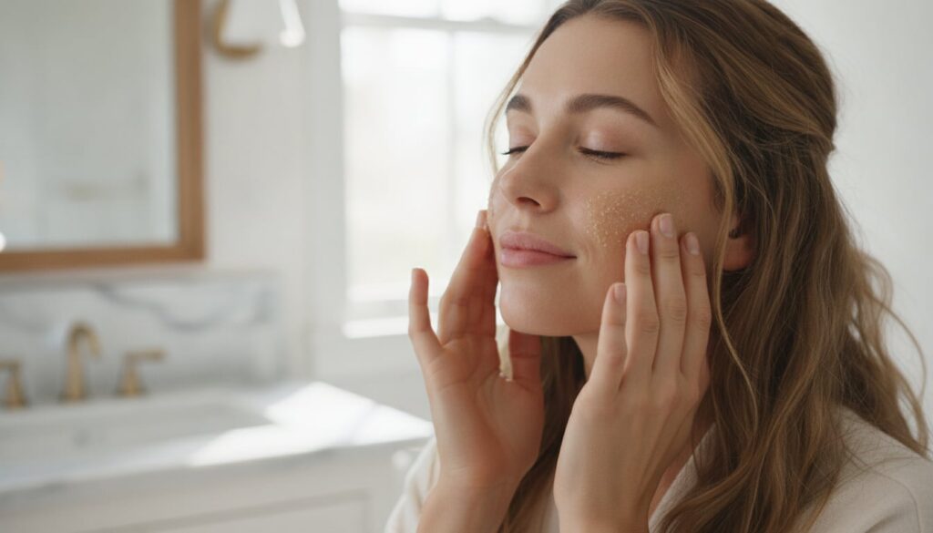 A woman gently applying a thin layer of the Coffee Botox Balm to her cheek demonstrating the usage method