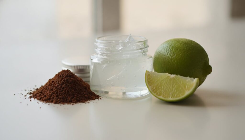 Close-up of the three main ingredients Vaseline instant coffee and a fresh lime arranged aesthetically