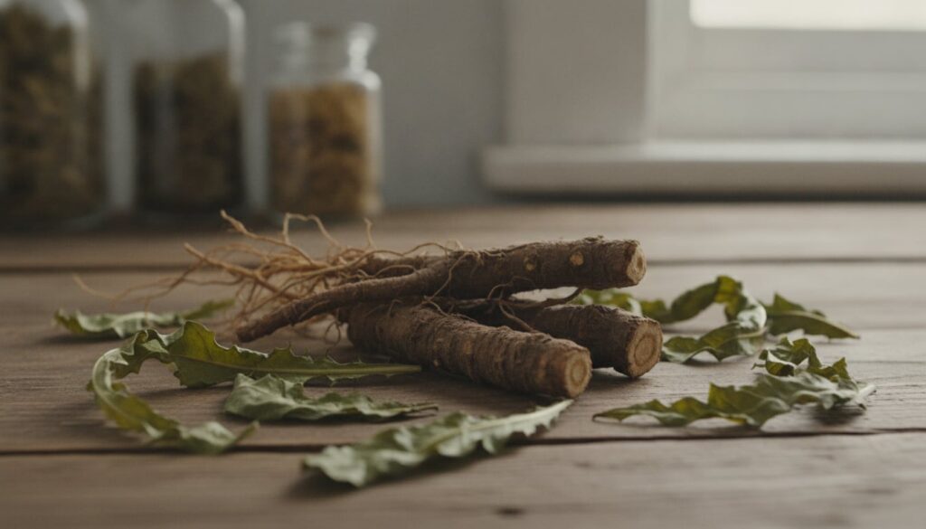 A collection of dried dandelion roots and leaves on a clean light-colored surface ready for storage or use possibly with