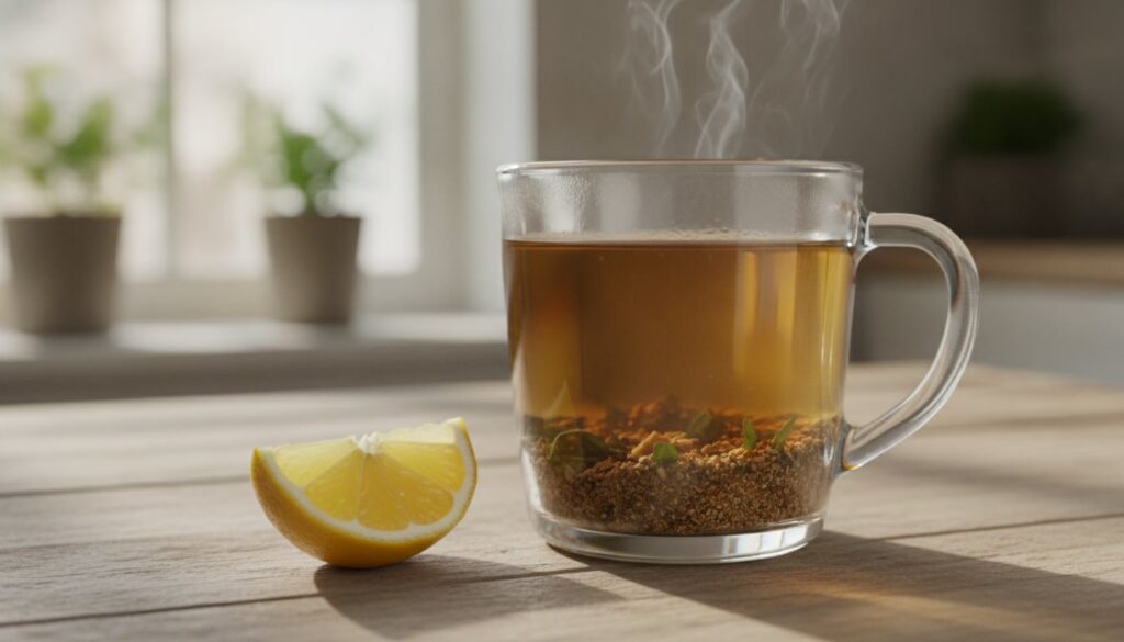 A clear glass mug of freshly brewed dandelion tea showing the golden-brown liquid and finely chopped dandelion root and