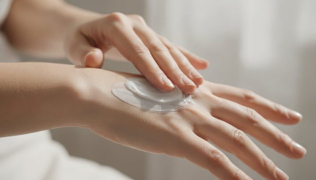 A person s hands gently massaging the Vaseline and baking soda paste onto the back of their hand showing a circular moti