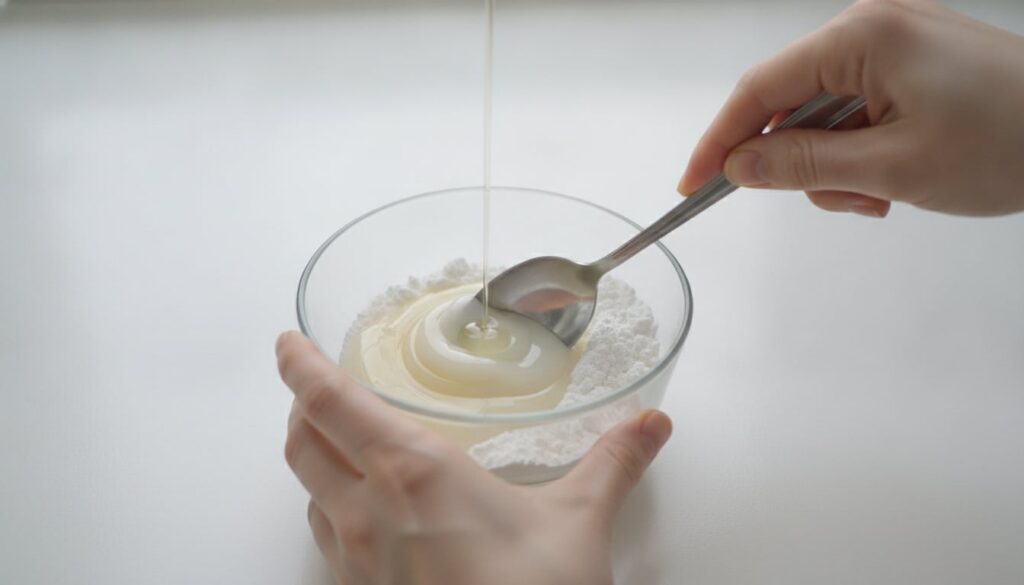 Hands mixing Vaseline baby oil and white cornstarch powder in a small glass bowl with a spoon creating a smooth balm