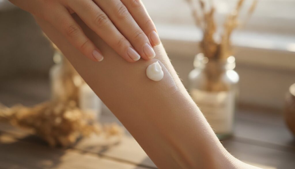 A woman s hand gently applying the DIY hydrating balm to her elbow which shows visibly softer and smoother skin compared