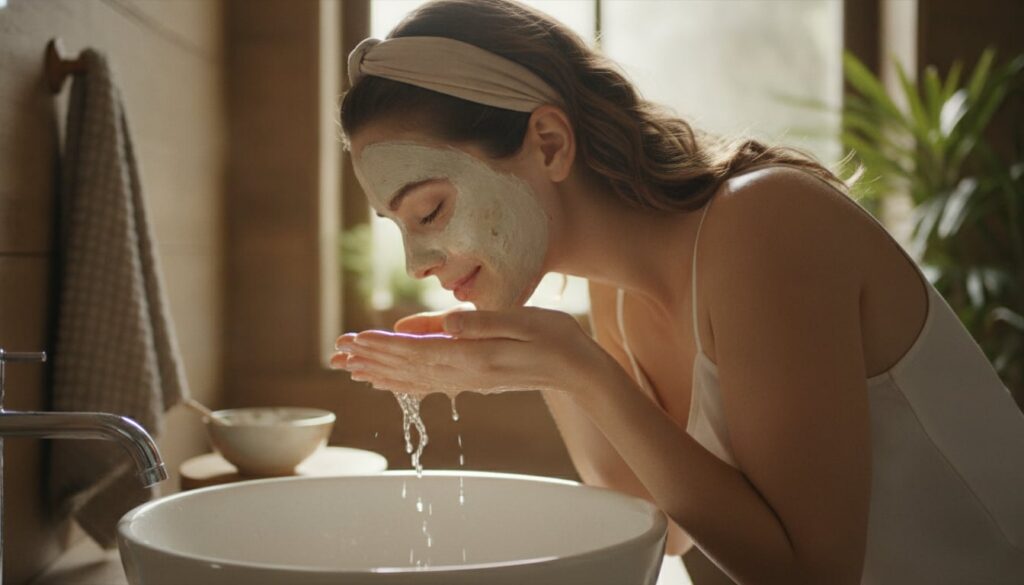 A woman gently rinsing a homemade face mask off her face with warm water showing clear radiant skin underneath