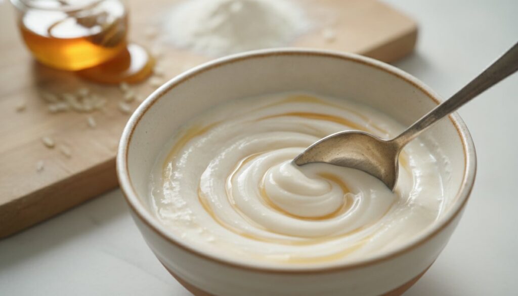 Close-up of a bowl with white rice flour milk and honey being mixed into a smooth paste with a spoon