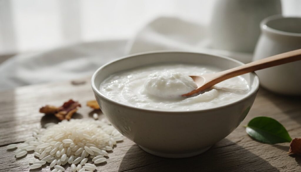 Close-up of a bowl of creamy white rice mask mixture ready to be applied with some raw rice and a spoon nearby
