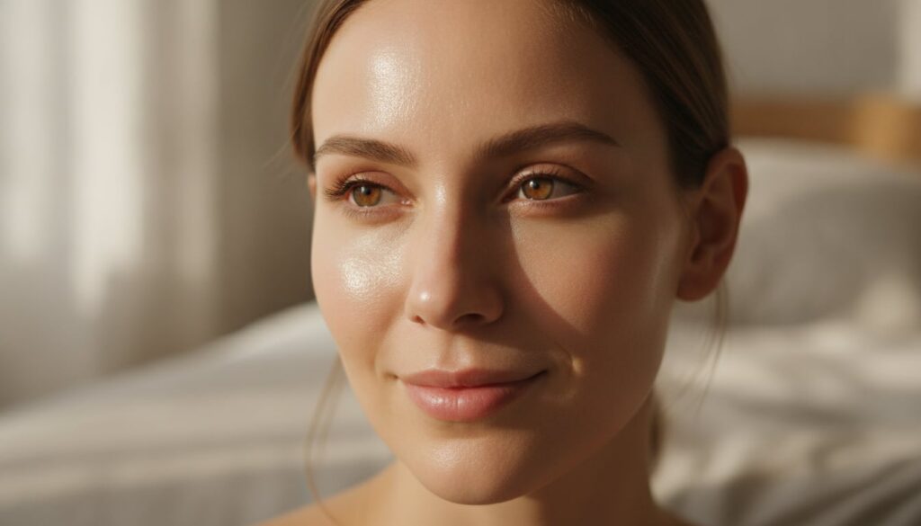 A close-up of a woman s face with visibly smooth glowing skin after using a beauty mask looking refreshed