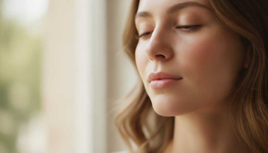 A close-up of a woman s radiant smooth skin showing a healthy glow with soft focus in the background