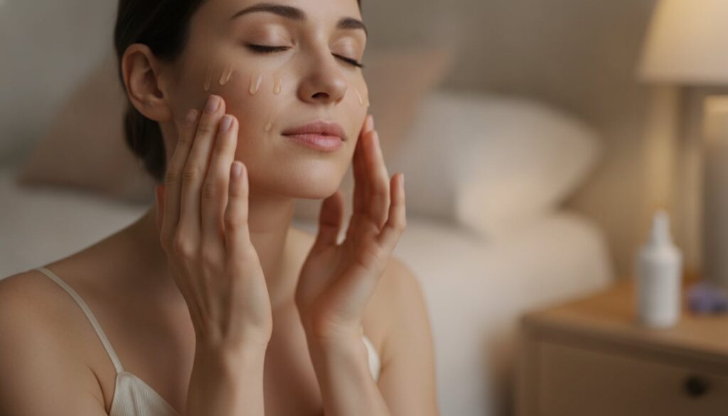 A woman gently massaging a few drops of a clear oil onto her face during her nighttime routine with soft lighting
