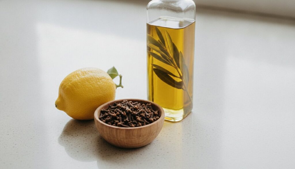 Ingredients laid out on a clean surface a whole lemon a small bowl of whole cloves and a bottle of carrier oil e g olive