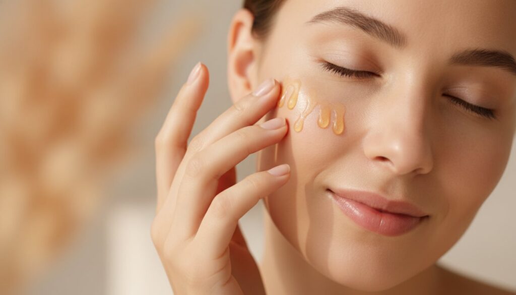 A person gently applying the DIY lemon and clove elixir to their face with fingertips looking radiant and healthy