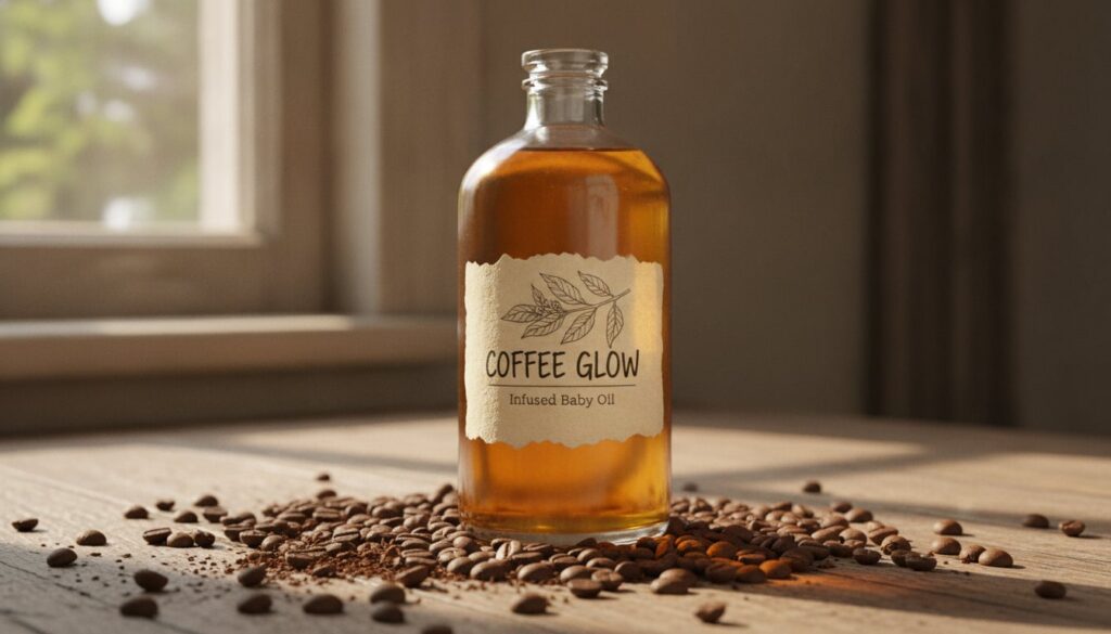 A clean labeled glass bottle of homemade coffee-infused baby oil on a wooden surface with some coffee beans scattered ar
