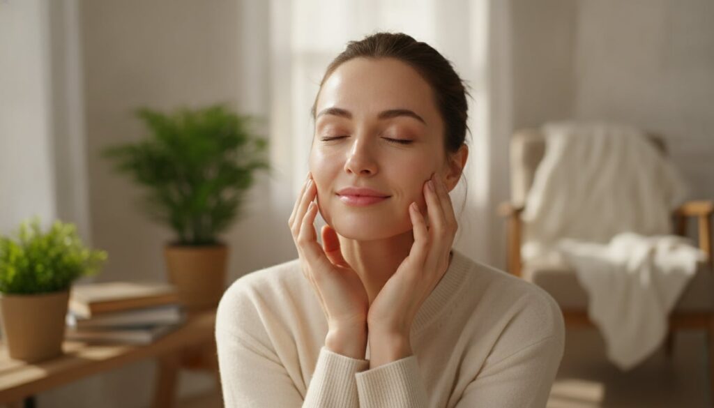 A woman smiling and touching her smooth hydrated cheek suggesting the positive results of a beauty treatment